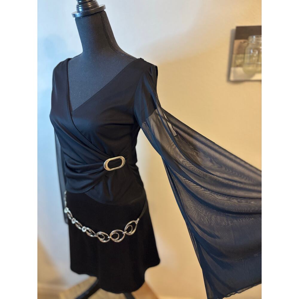 UNYX Cold Shoulder Mesh Drape Sleeve, Wrap Top with Silver Buckle